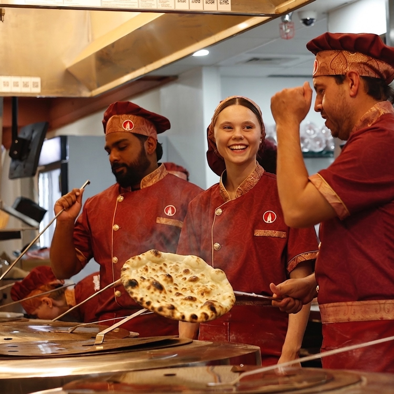 Chef pulling a hot fresh-baked naan from the tandoor