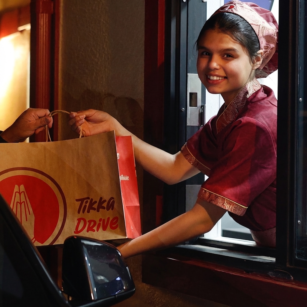 Tikka Drive team member handing a branded bag out the drive-thru window