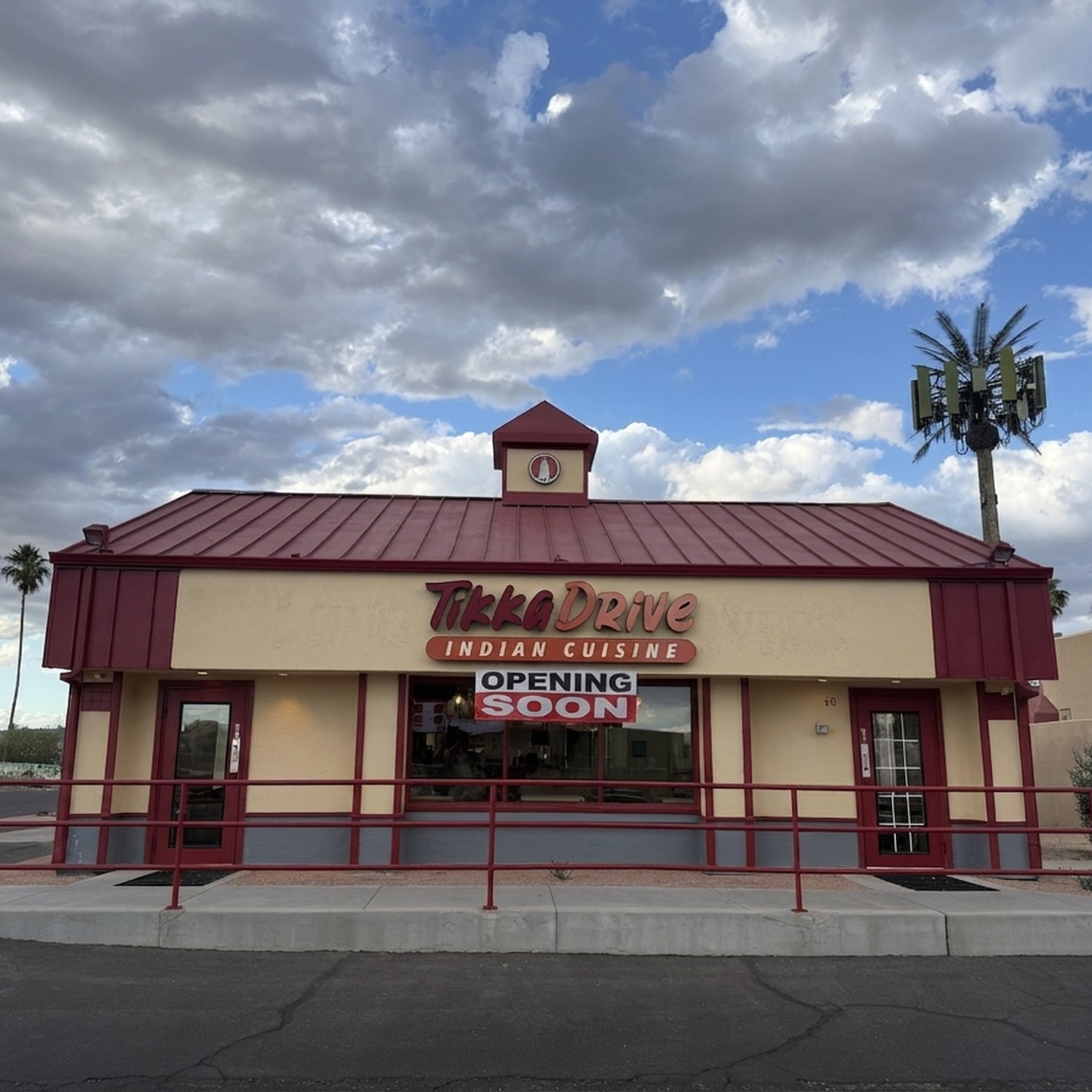 Tikka Drive restaurant exterior with OPENING SOON signage